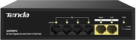 TENDA SG106PC 6 Port 10/100/1000 4 x PoE + 2 x Uplink PoE Gigabit Switch Metal Kasa