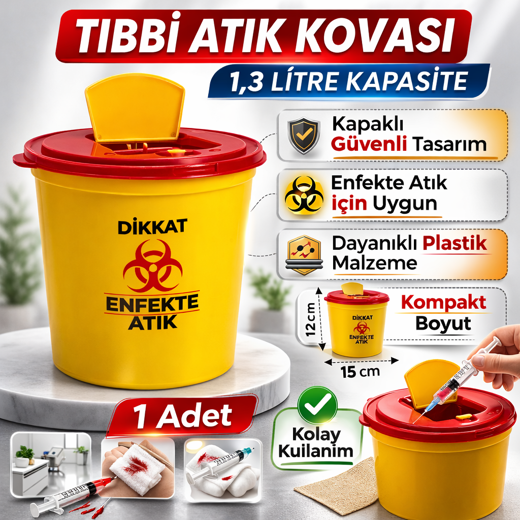 Tıbbi Atık Kovası 1,3 Litre 1 Adet Kapaklı Tıbbi Atık Kutusu Enfekte Atık Kovası