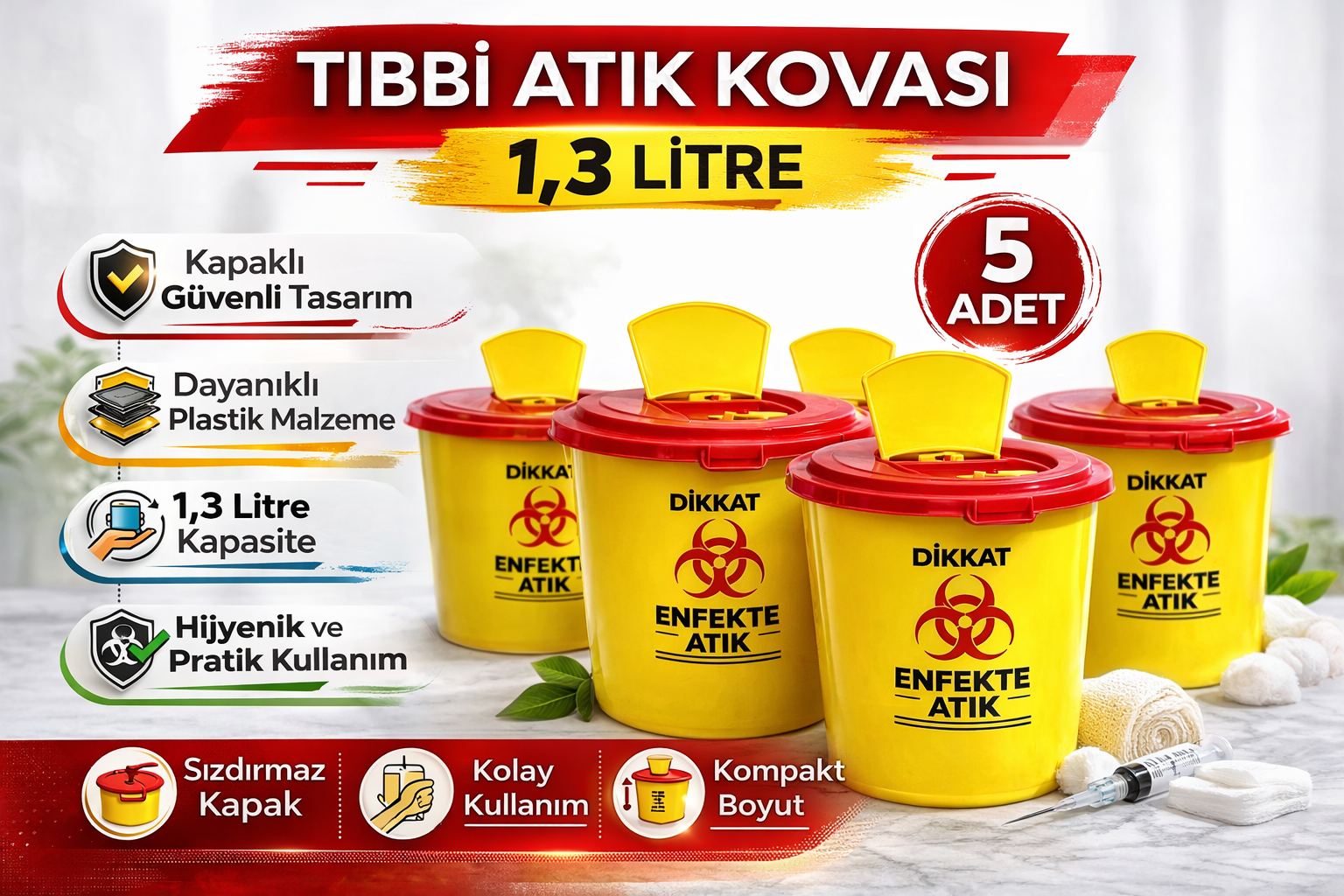 Tıbbi Atık Kovası 1,3 Litre 5 Adet Kapaklı Tıbbi Atık Kutusu Enfekte Atık Kovası Seti