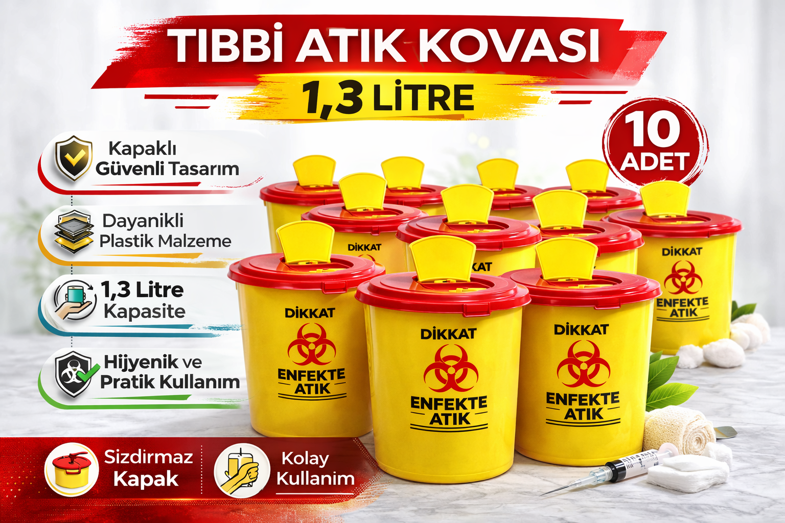 Tıbbi Atık Kovası 1,3 Litre 10 Adet Kapaklı Tıbbi Atık Kutusu Enfekte Atık Kovası Seti