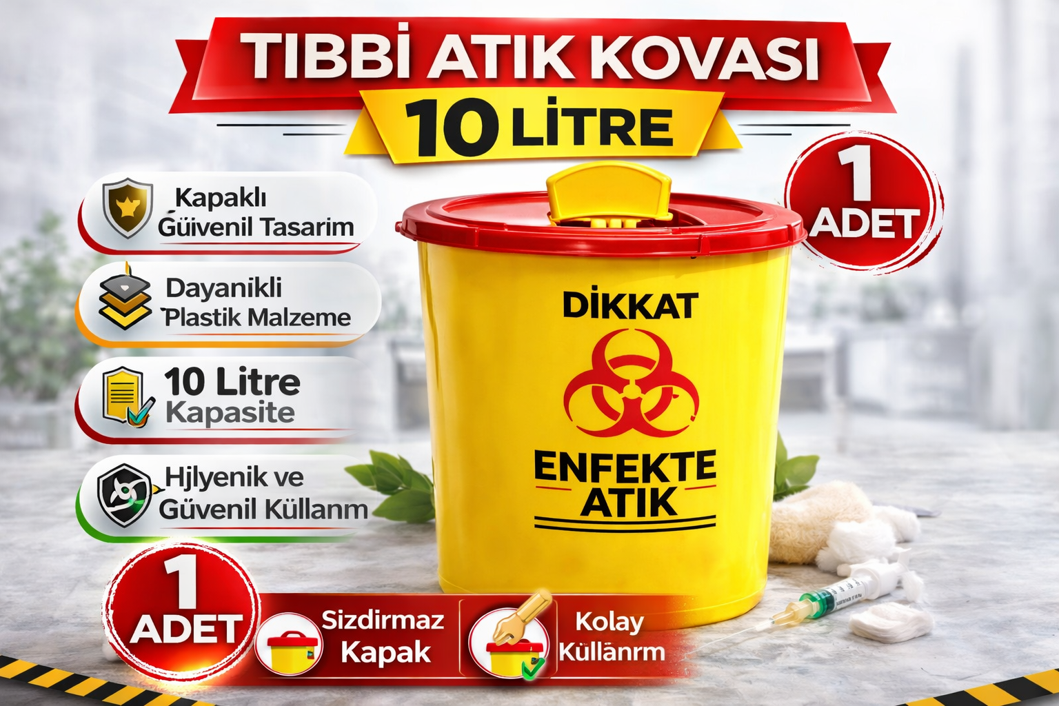 Tıbbi Atık Kovası 10 Litre 1 Adet Kapaklı Tıbbi Atık Kutusu Enfekte Atık Kovası