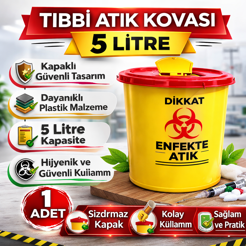 Tıbbi Atık Kovası 5 Litre 1 Adet Kapaklı Tıbbi Atık Kutusu Enfekte Atık Kovası