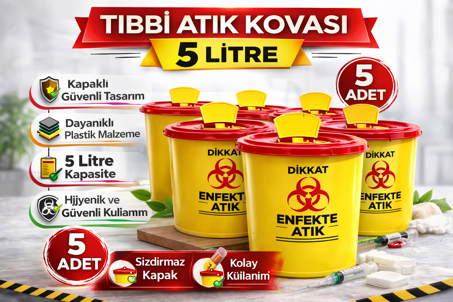 Tıbbi Atık Kovası 5 Litre 5 Adet Kapaklı Tıbbi Atık Kutusu Enfekte Atık Kovası