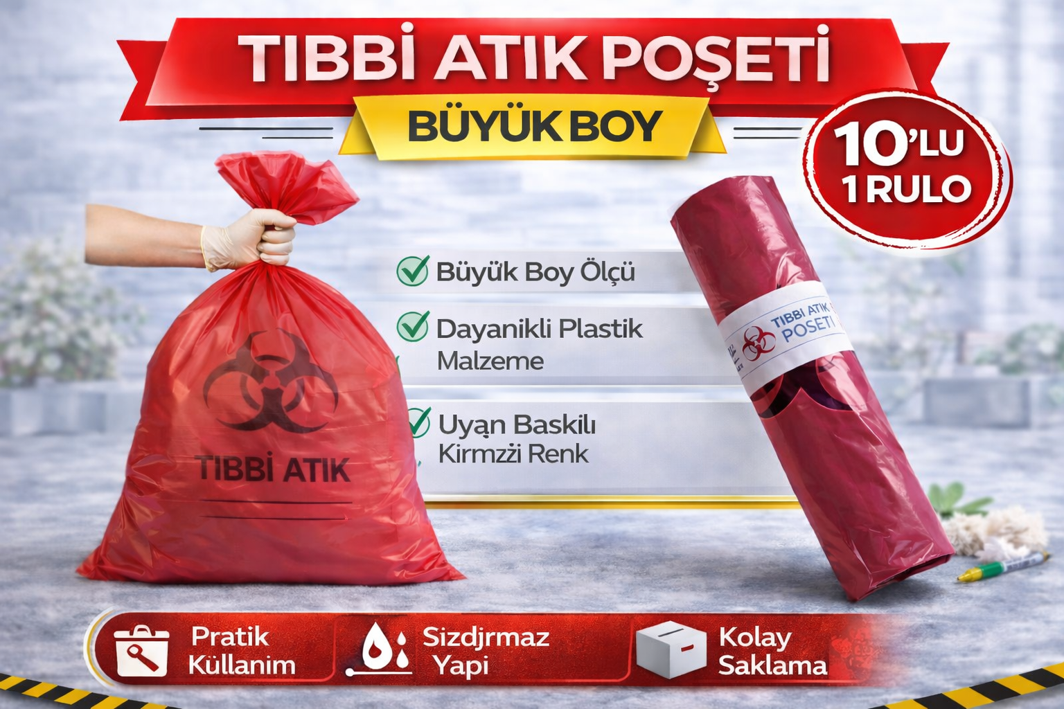 Tıbbi Atık Poşeti Büyük Boy 10'lu 1 Rulo Kırmızı Tıbbi Atık Atık Poşeti