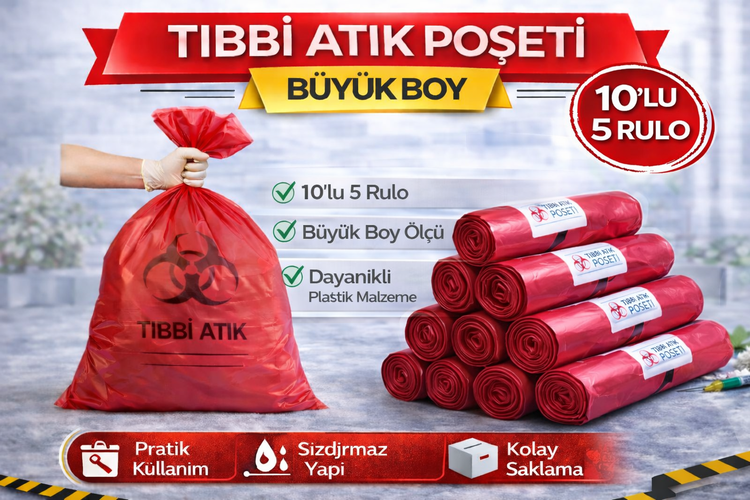 Tıbbi Atık Poşeti Büyük Boy 10'lu 5 Rulo Kırmızı Tıbbi Atık Atık Poşeti Seti