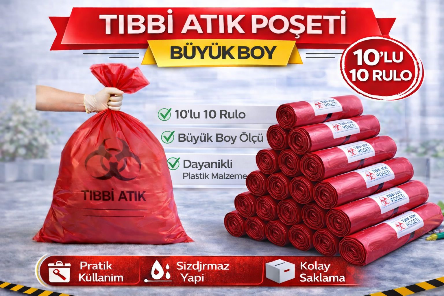 Tıbbi Atık Poşeti Büyük Boy 10'lu 10 Rulo Kırmızı Tıbbi Atık Atık Poşeti Seti