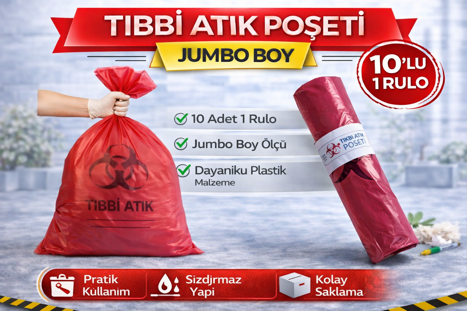 Tıbbi Atık Poşeti Jumbo Boy 10'lu 1 Rulo Kırmızı Tıbbi Atık Atık Poşeti