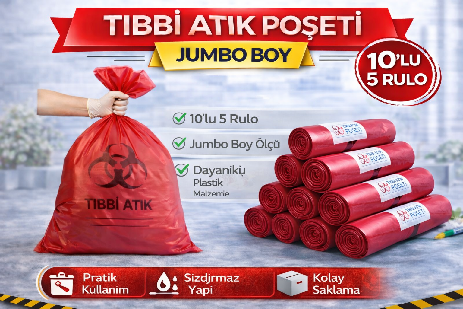 Tıbbi Atık Poşeti Jumbo Boy 10'lu 5 Rulo Kırmızı Tıbbi Atık Atık Poşeti Seti