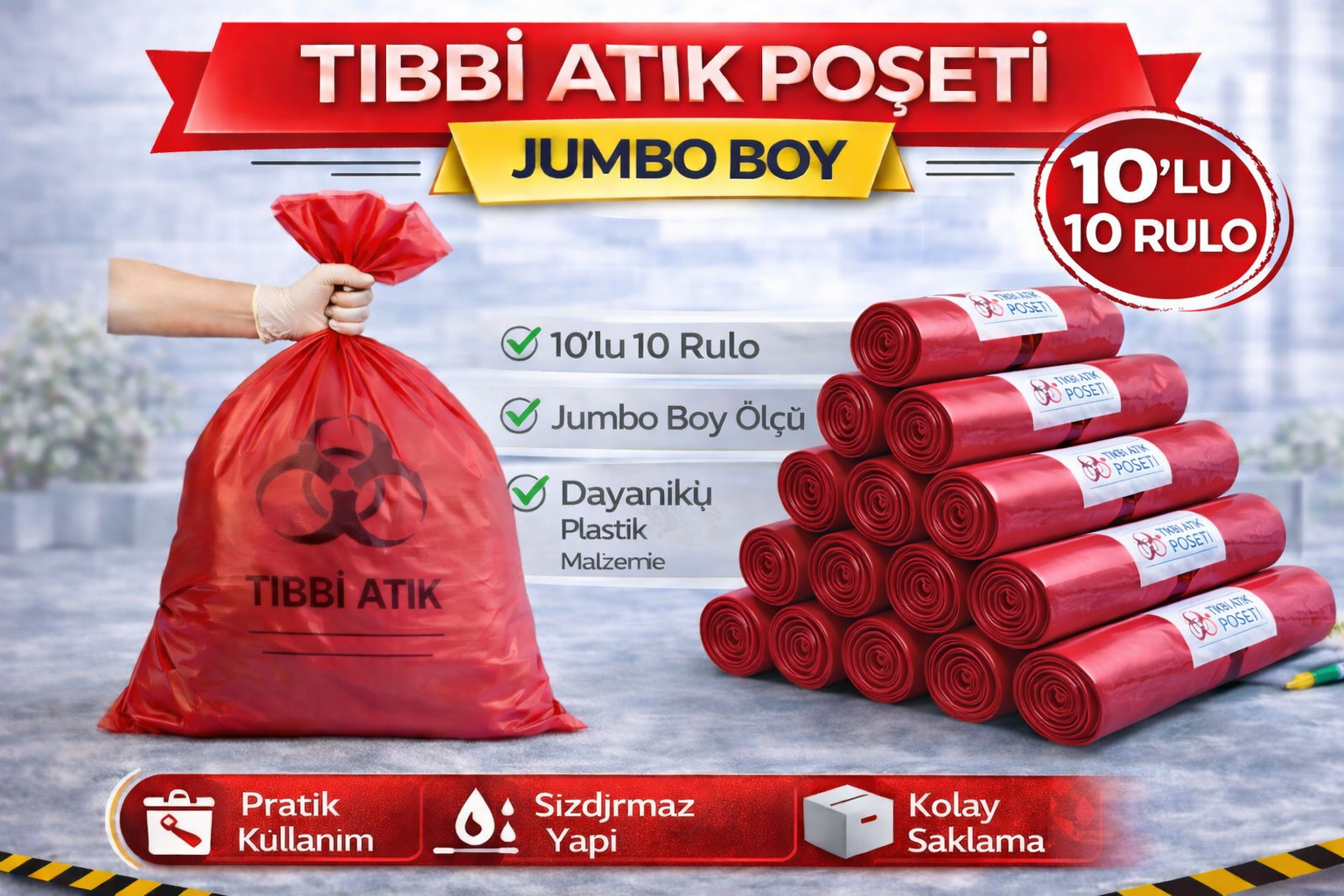 Tıbbi Atık Poşeti Jumbo Boy 10'lu 10 Rulo Kırmızı Tıbbi Atık Atık Poşeti Seti