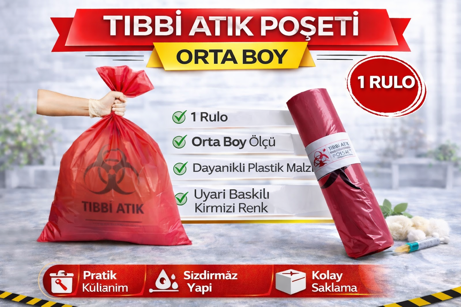 Tıbbi Atık Poşeti Orta Boy 10'lu 1 Rulo Kırmızı Tıbbi Atık Atık Poşeti
