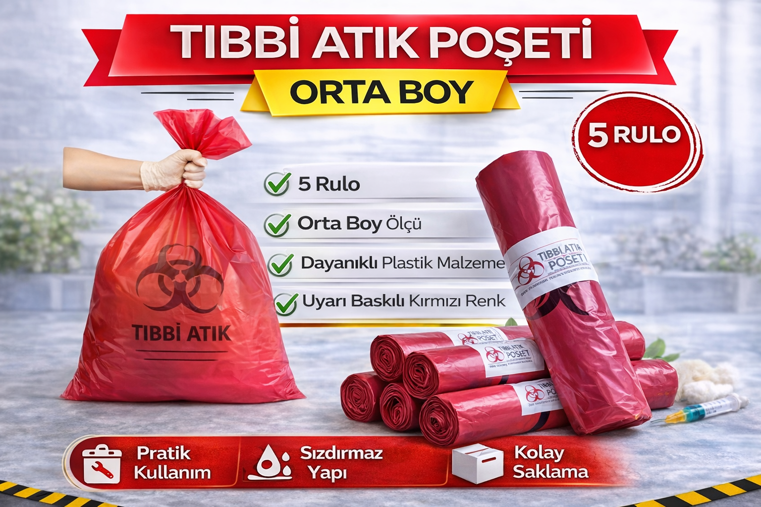 Tıbbi Atık Poşeti Orta Boy 10'lu 5 Rulo Kırmızı Tıbbi Atık Atık Poşeti Seti