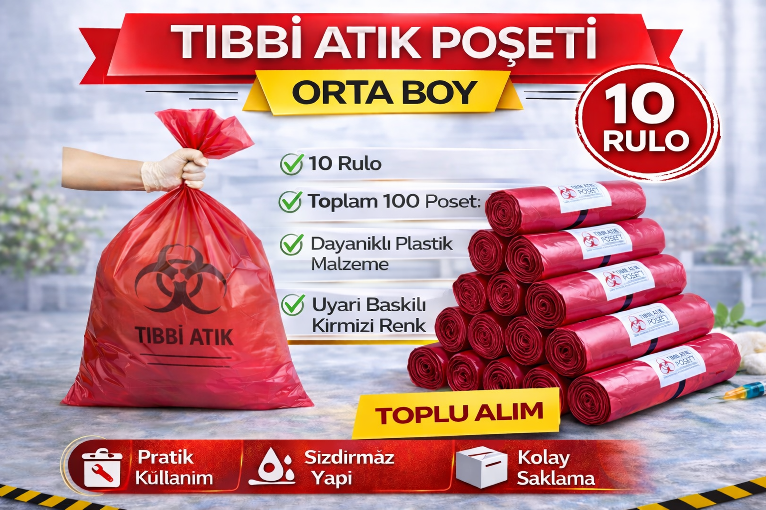 Tıbbi Atık Poşeti Orta Boy 10'lu 10 Rulo Kırmızı Tıbbi Atık Atık Poşeti Seti