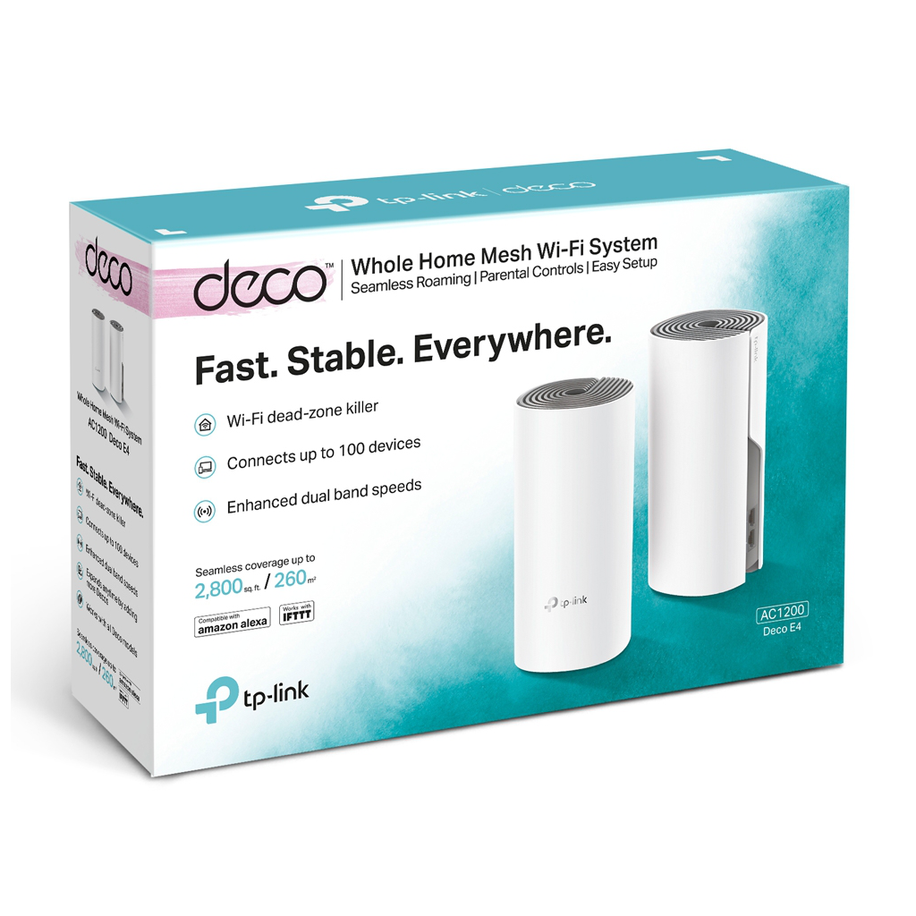TP-LINK DECO-E4, AC1200, İkili Mesh, 1200Mbps, Dual Band, 2Port Megabit Lan, 260m2 Çekim Alanı, Router, Geniş Alan İnternet Ağı Sağlayıcısı