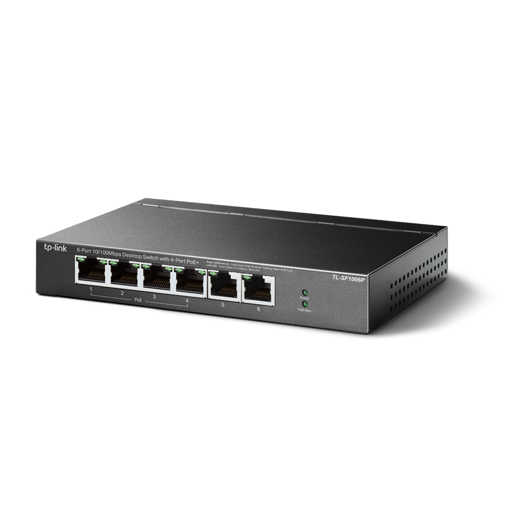 TP-LINK TL-SF1006P, 6 Port, MegaBit, 4 Port PoE 67W, Yönetilemez, Metal Kasalı Switch