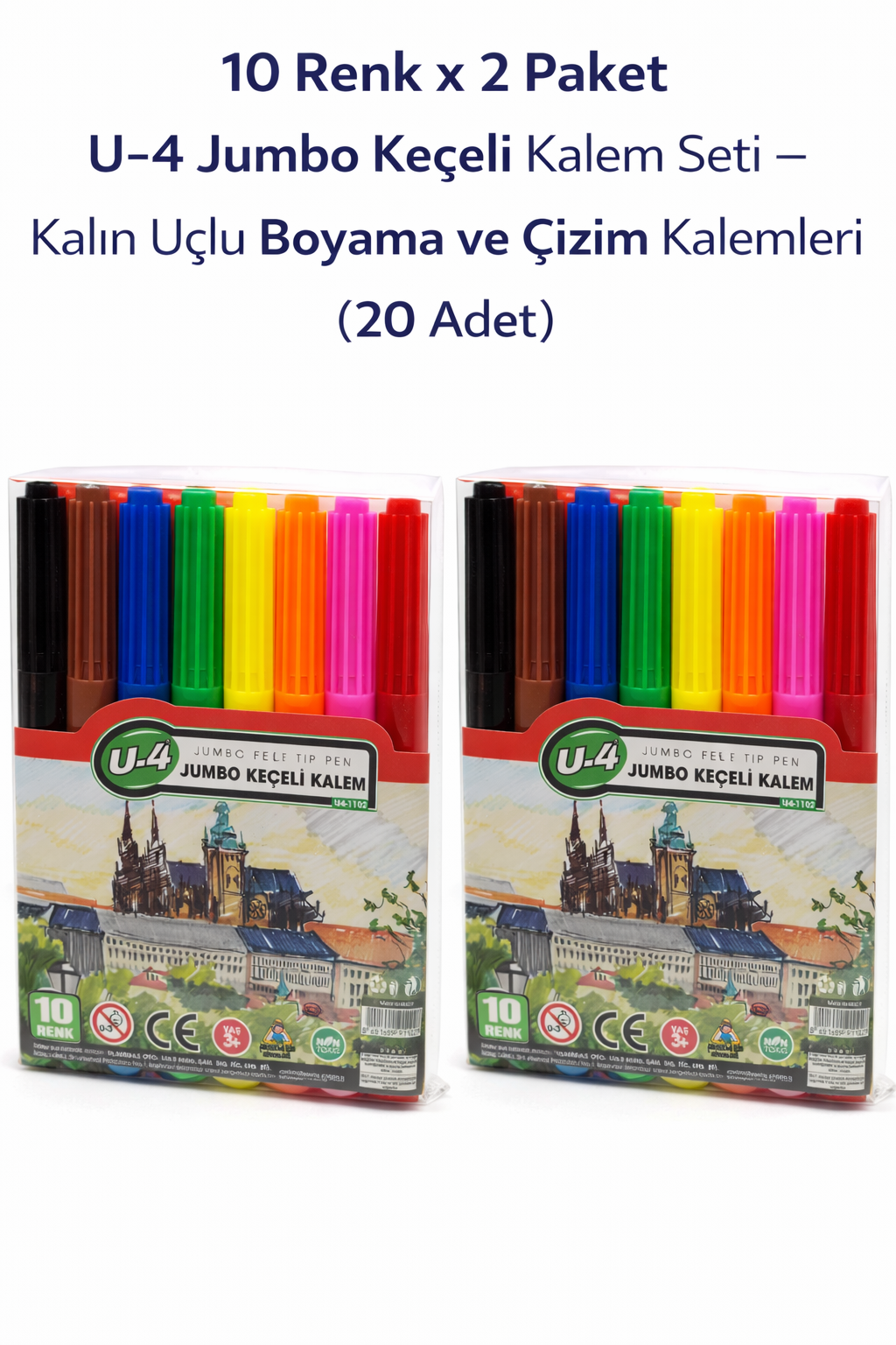 U-4 Jumbo Keçeli Kalem 10 Renk x 2 Paket "“ Kalın Uçlu Boyama ve Çizim Kalemi Seti (20 Adet)