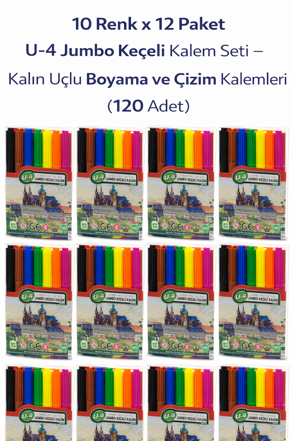 U-4 Jumbo Keçeli Kalem 10 Renk x 12 Paket "“ Kalın Uçlu Boyama ve Çizim Kalemi Seti (120 Adet)