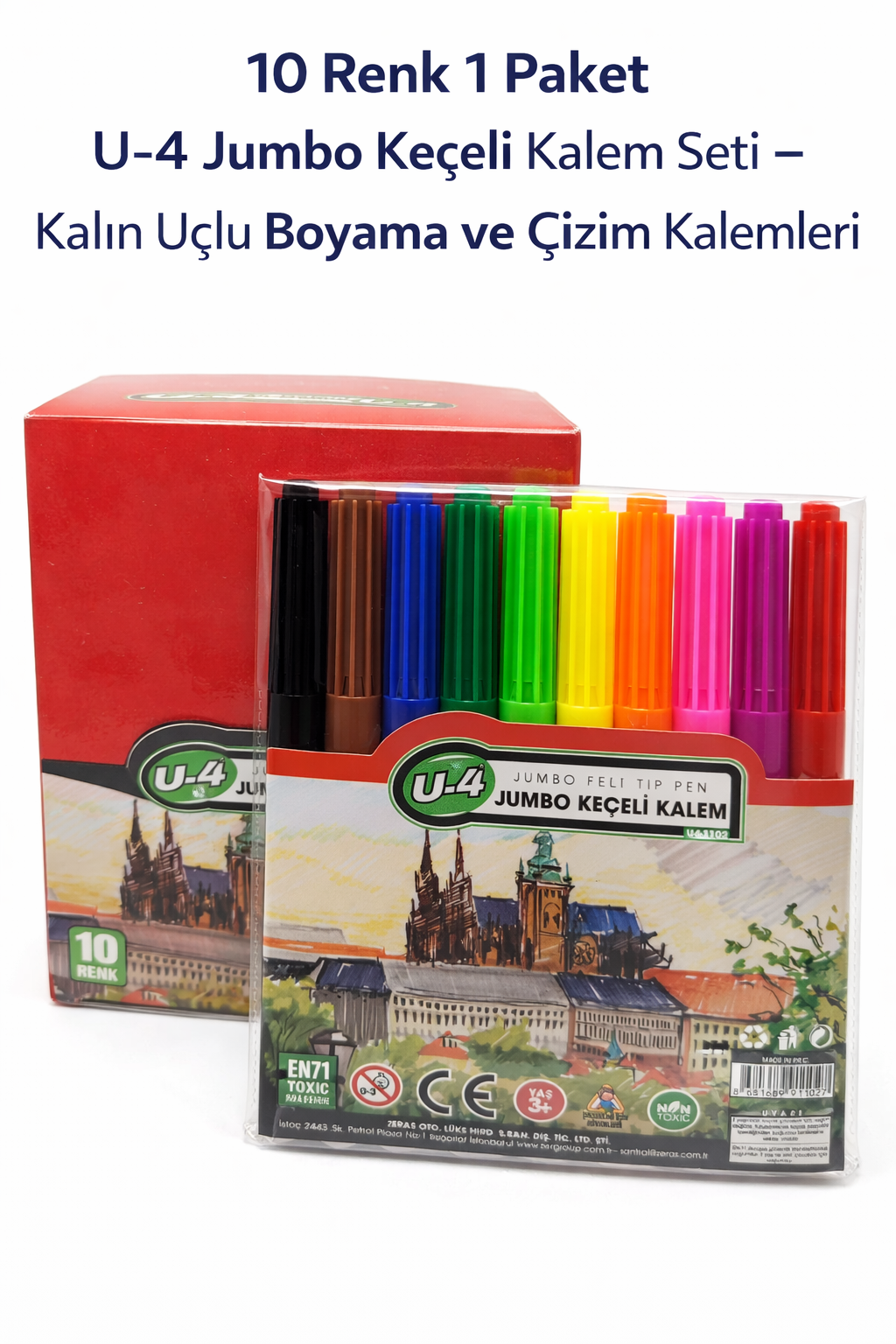 U-4 Jumbo Keçeli Kalem Seti 10 Renk "“ Kalın Uçlu Boyama ve Çizim Kalemi Seti (1 Paket)