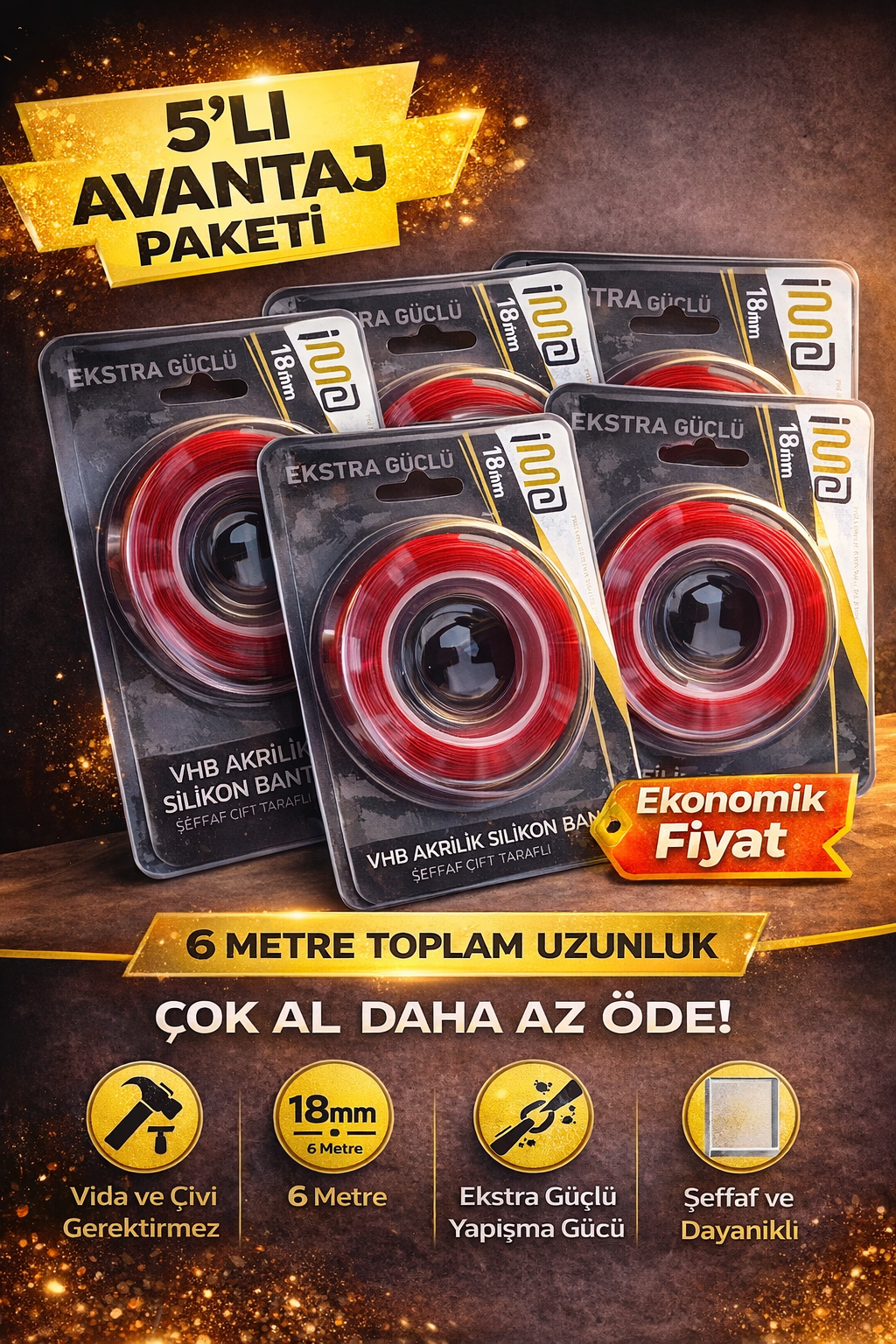 VHB Akrilik Silikon Bant 18mm x 2 Metre Şeffaf Çift Taraflı Güçlü Yapıştırıcı Bant 5 Adet