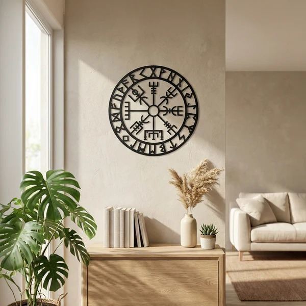 Viking Pusulası Vegvisir Duvar Tablosu MDF Lazer Kesim Nordik Duvar Süsü Modern Dekor