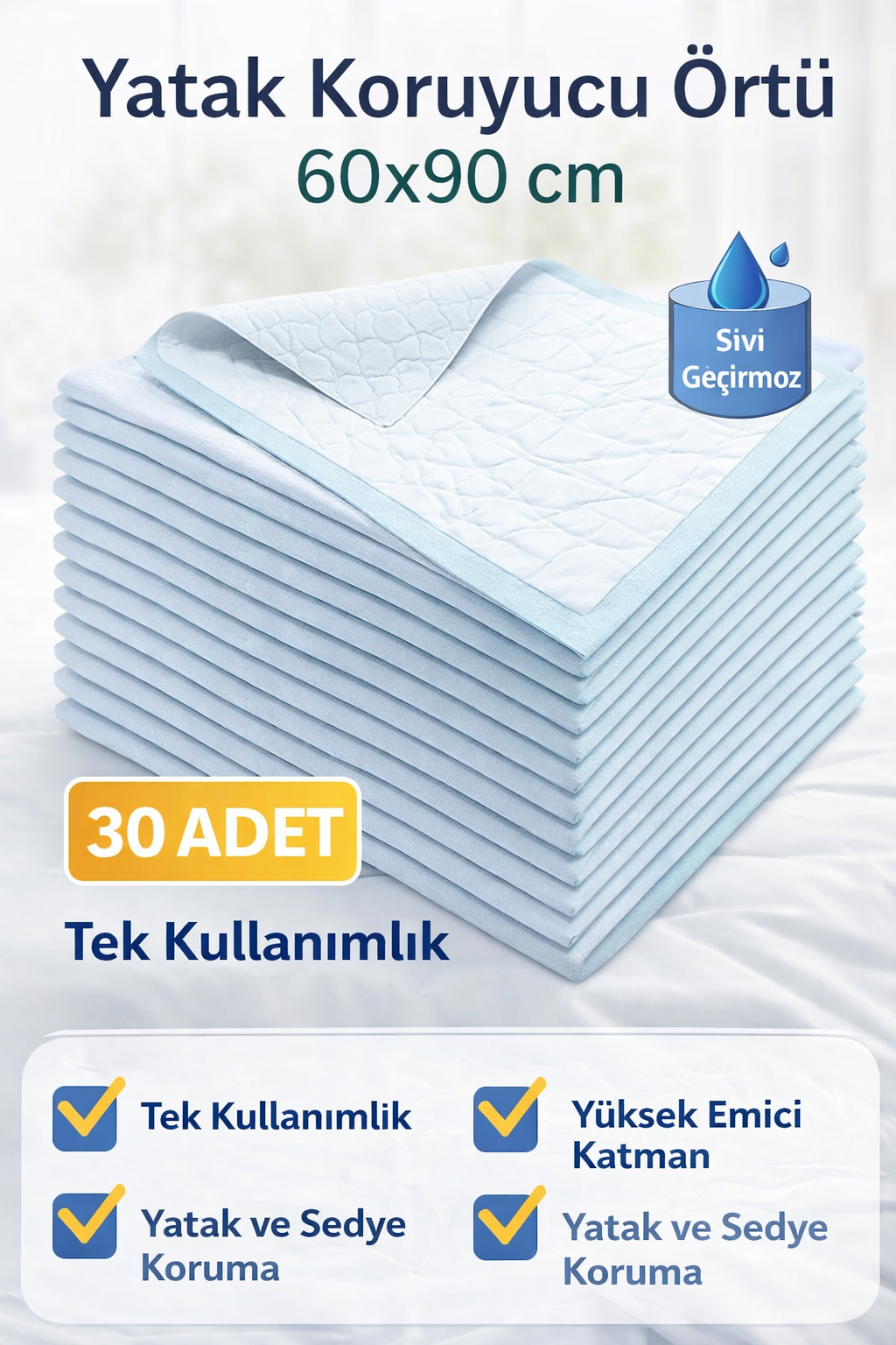 Yatak Koruyucu Örtü 60x90 cm 30 Adet Tek Kullanımlık Sıvı Geçirmez Hasta Altı Bezi