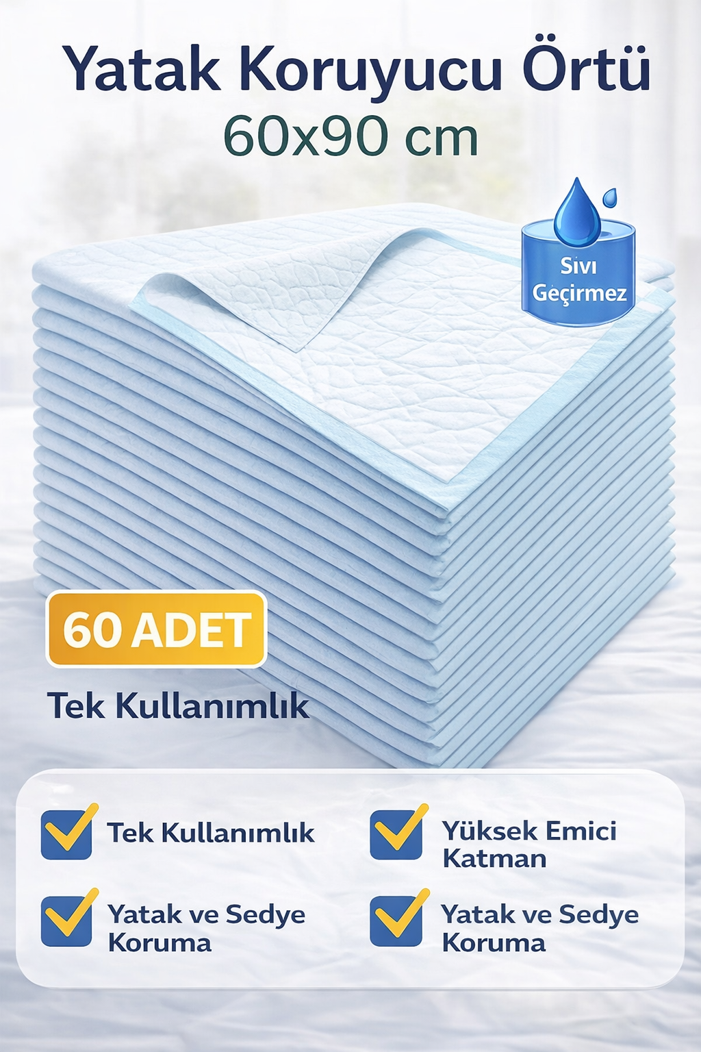 Yatak Koruyucu Örtü 60x90 cm 60 Adet Tek Kullanımlık Sıvı Geçirmez Hasta Altı Bezi