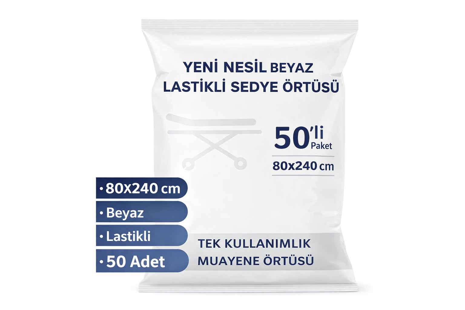 Yeni Nesil Beyaz Lastikli Sedye Örtüsü 50'li 1 Paket 80x240 cm Nonwoven Tek Kullanımlık Muayene Örtüsü