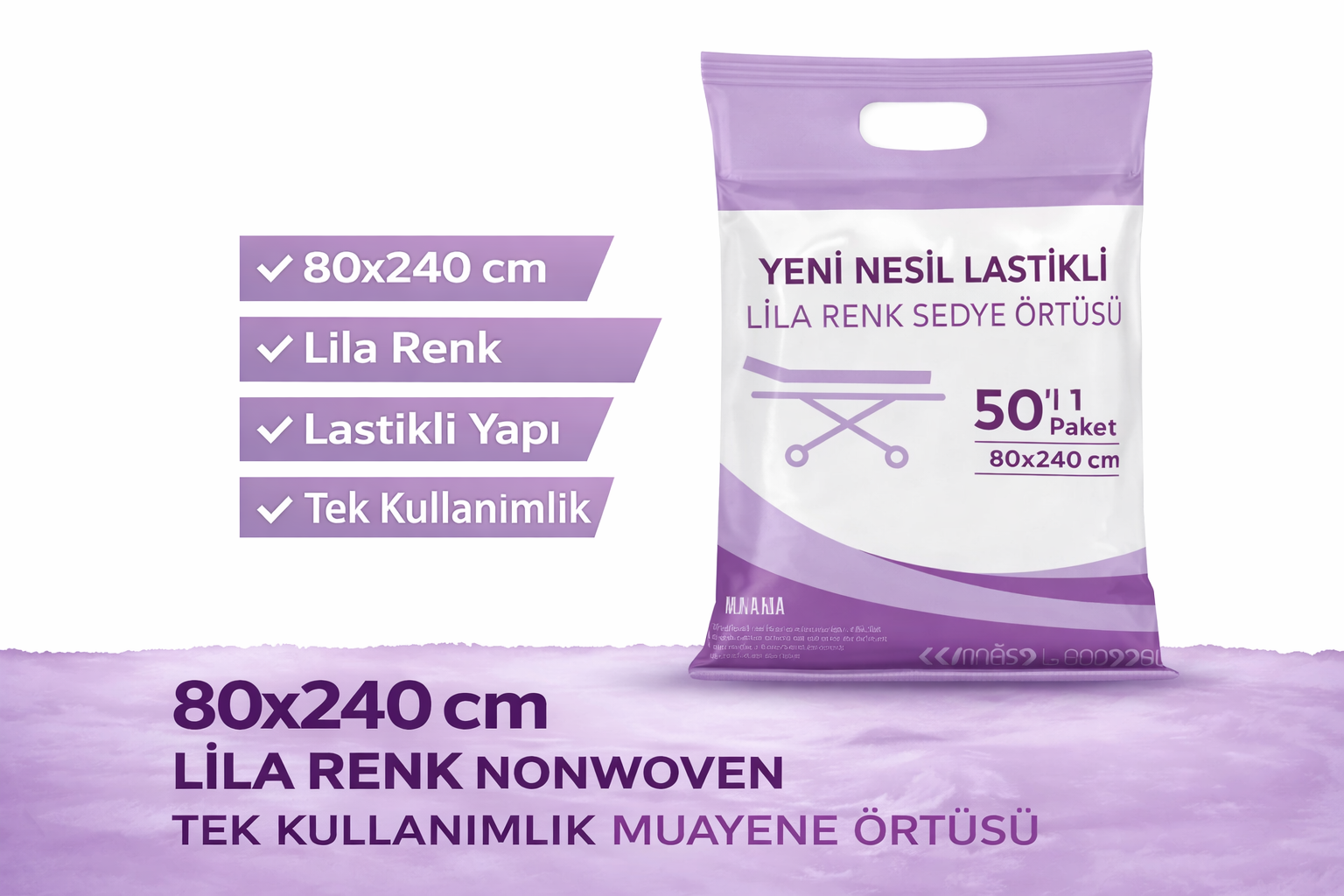 Yeni Nesil Lastikli Lila Renk Sedye Örtüsü 50'li 1 Paket 80x240 cm Nonwoven Tek Kullanımlık Muayene Örtüsü