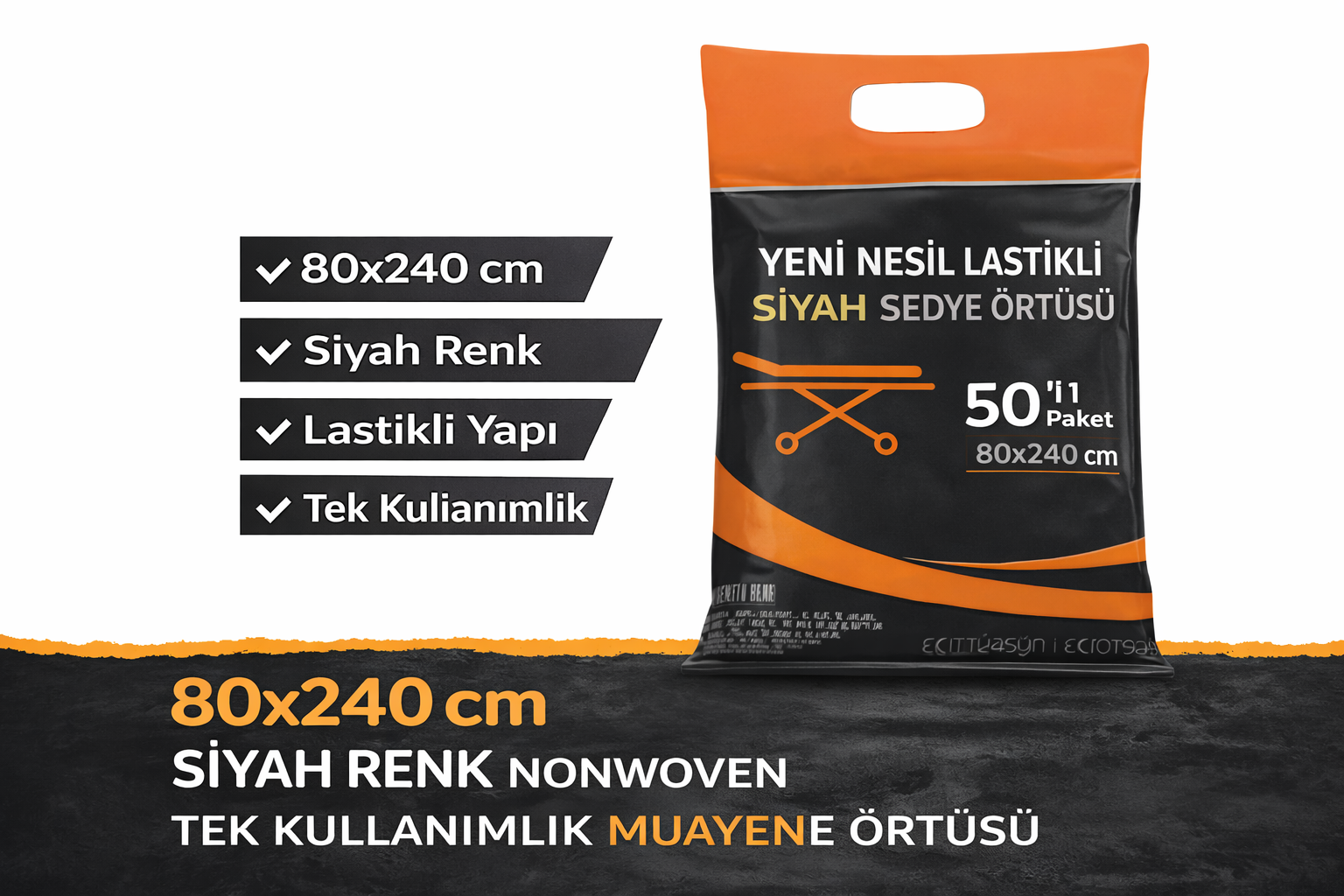 Yeni Nesil Lastikli Siyah Sedye Örtüsü 50'li 1 Paket 80x240 cm Nonwoven Tek Kullanımlık Muayene Örtüsü