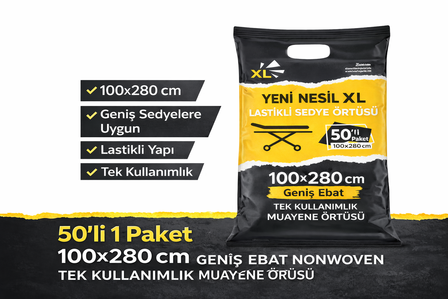 Yeni Nesil XL Lastikli Sedye Örtüsü 100x280 cm Geniş Ebat Nonwoven Tek Kullanımlık Muayene Sedye Örtüsü 50'Lİ 1 Paket