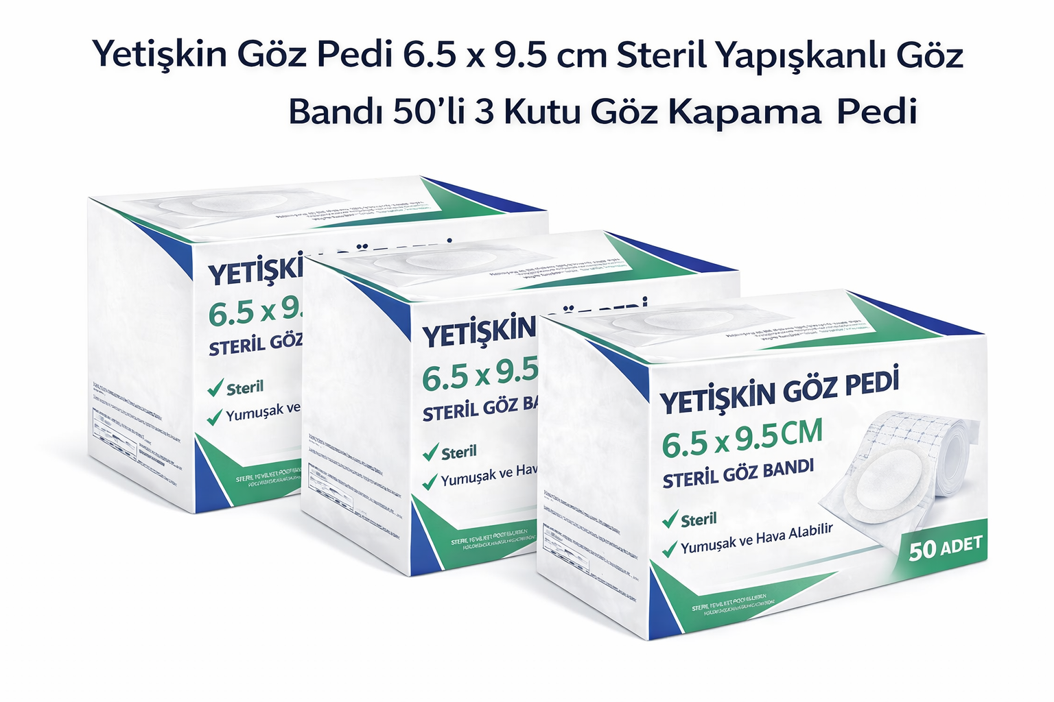 Yetişkin Göz Pedi 6.5 x 9.5 cm Steril Yapışkanlı Göz Bandı 50'li 3 Kutu Göz Kapama Pedi