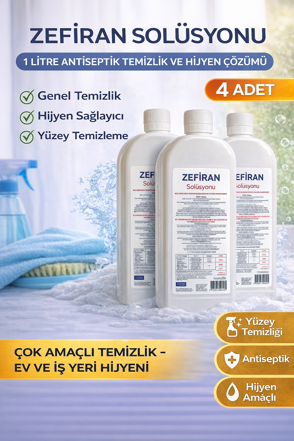 Zefiran Solüsyonu 1 Litre 4 Adet Set Antiseptik Hijyen ve Çok Amaçlı Temizlik Solüsyonu