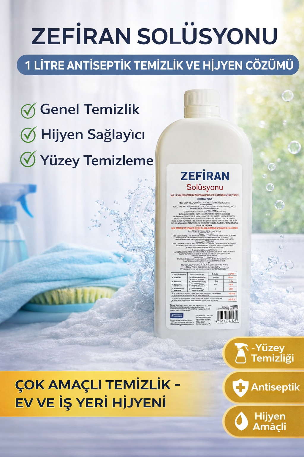 Zefiran Solüsyonu 1 Litre Antiseptik Temizlik ve Hijyen Amaçlı Çok Amaçlı Solüsyon 1 ADET