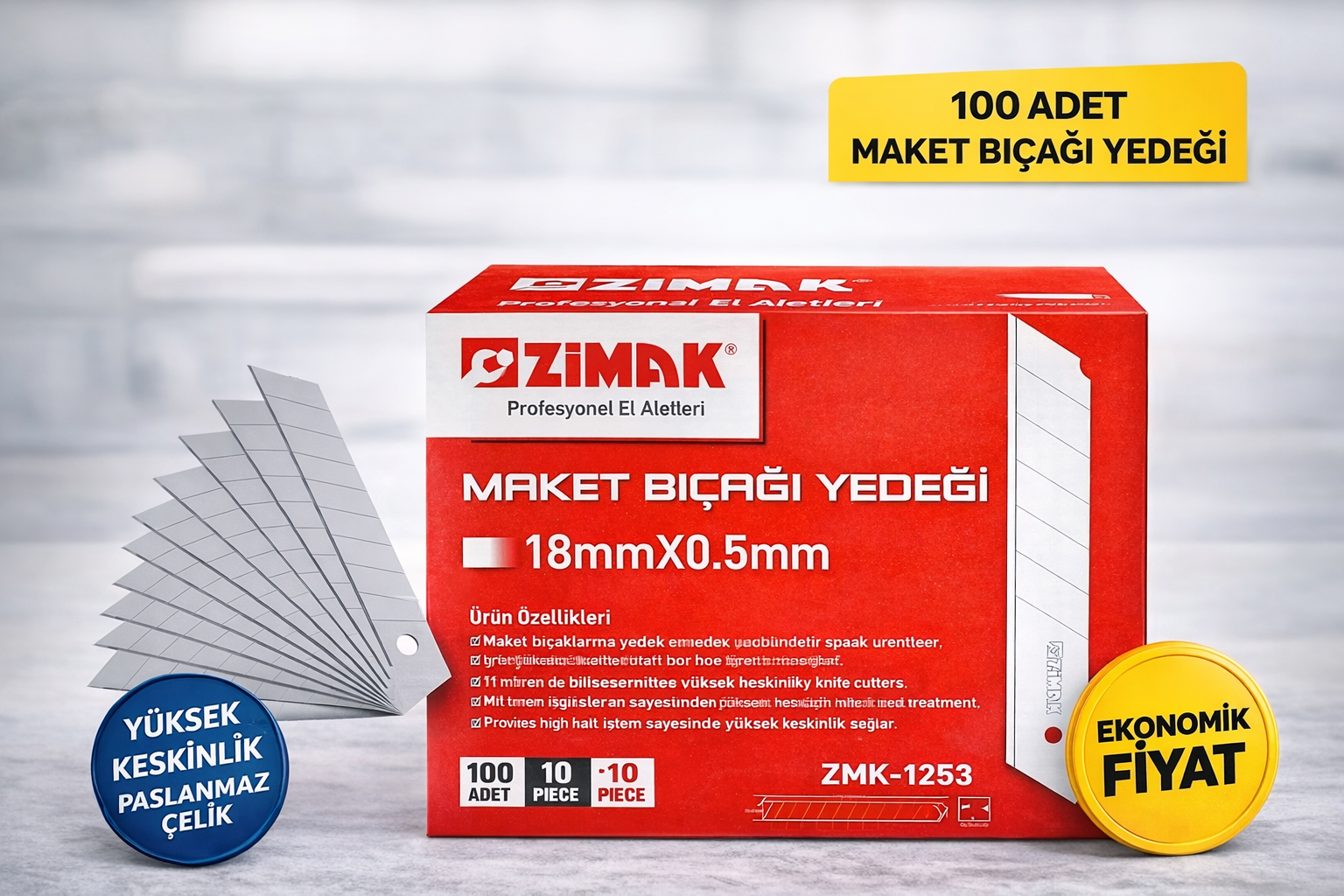 Zimak 18mm Maket Bıçağı Yedeği 0.5mm Karbon Çelik Profesyonel Kesici Uç 10'lu 10 Paket