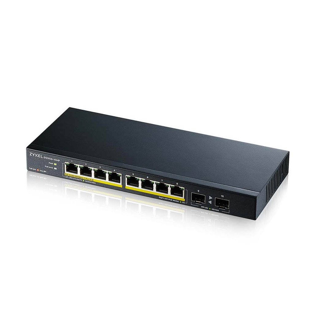 ZyXEL GS1100-10HP, 8 Port, Gigabit, PoE 130W, 2 Port GigaBit SFP, Yönetilemez, Masaüstü Switch